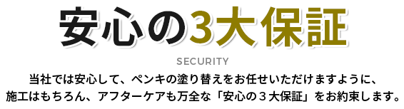 安心の3大保証 当社では安心して、ペンキの塗替えをお任せいただけますように、施工はもちろん、アフターケアも万全な「安心の3大保証」をお約束します。